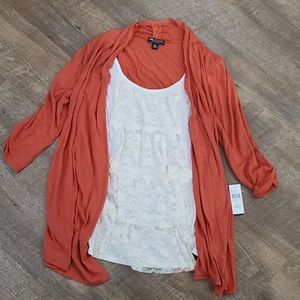 Lace cami with coral cardigan